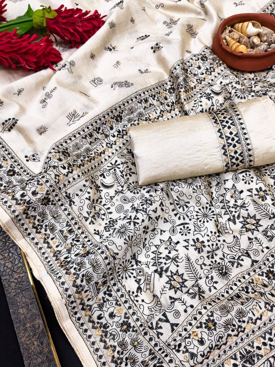 Incomparable Black Embroidery Work Tussar Silk Saree With Beguiling Blouse Piece