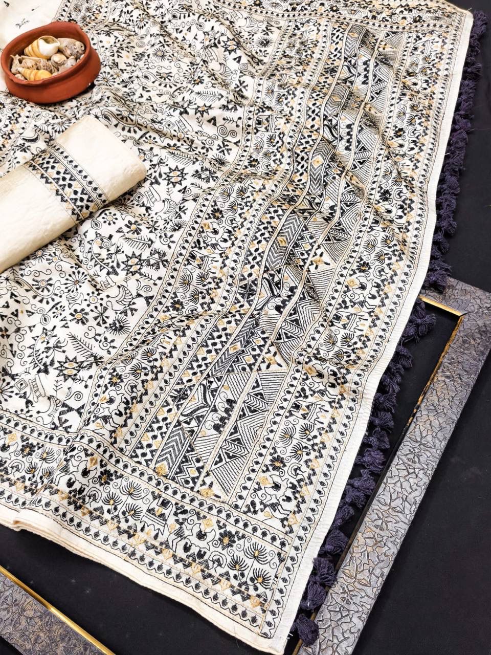 Incomparable Black Embroidery Work Tussar Silk Saree With Beguiling Blouse Piece