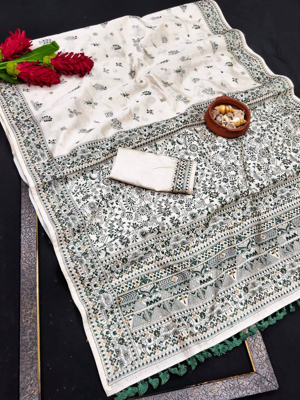 Exquisite Dark Green Embroidery Work Tussar Silk Saree With Profuse Blouse Piece