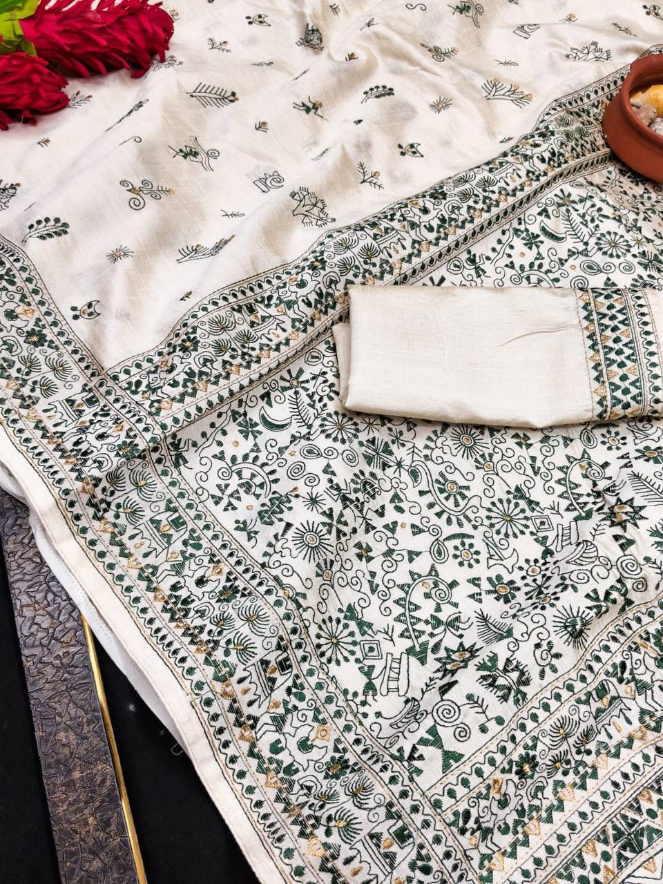 Exquisite Dark Green Embroidery Work Tussar Silk Saree With Profuse Blouse Piece