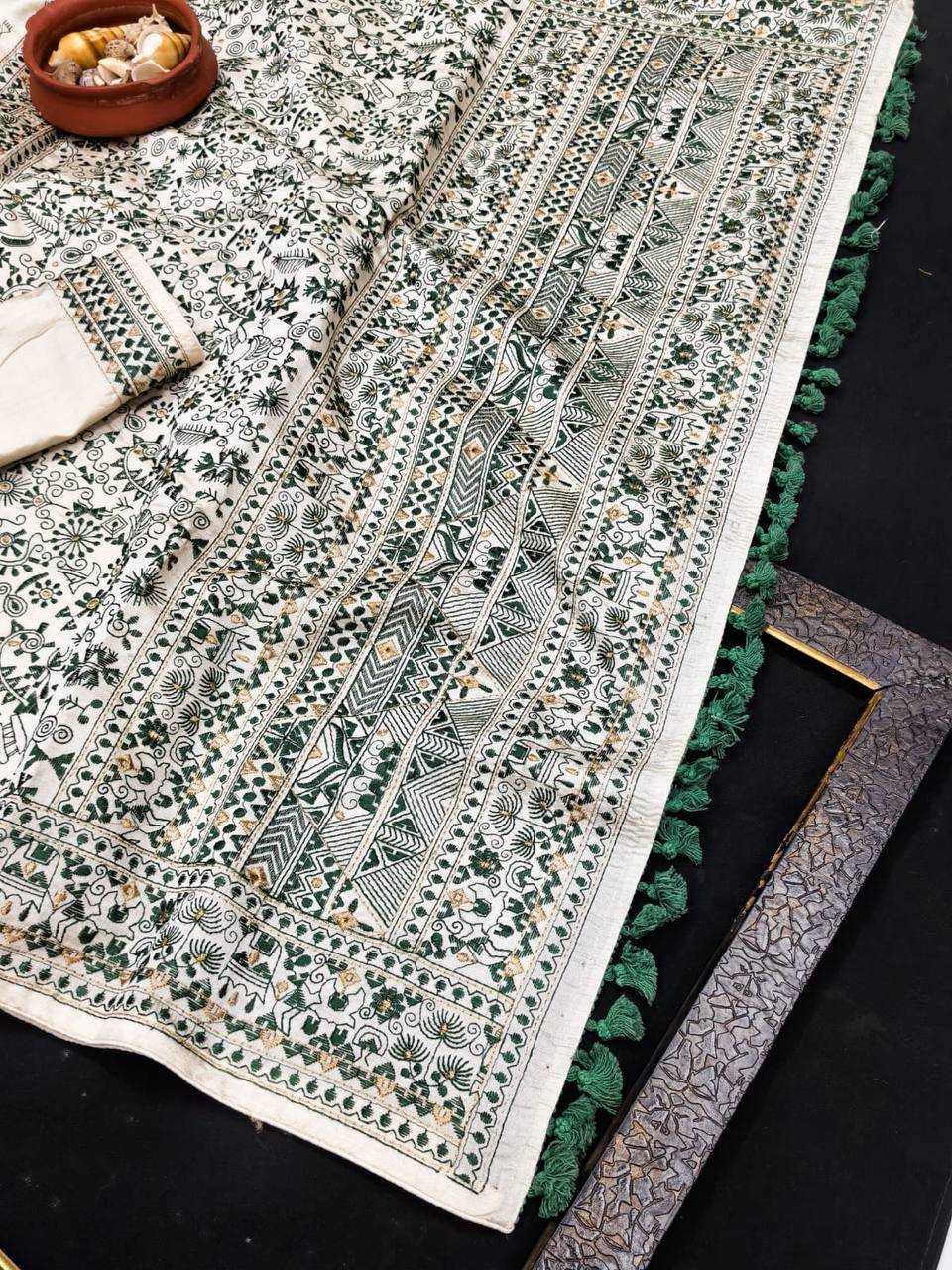 Exquisite Dark Green Embroidery Work Tussar Silk Saree With Profuse Blouse Piece
