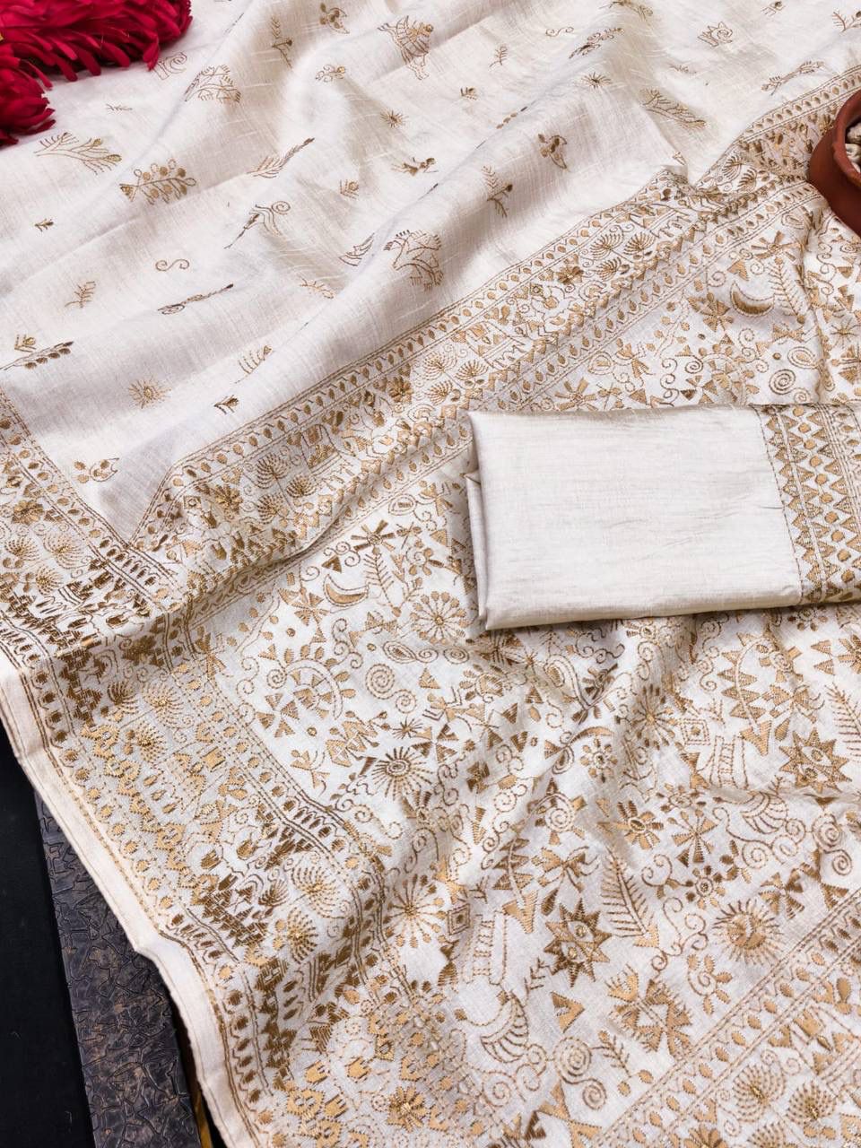 Gratifying Mustard Embroidery Work Tussar Silk Saree With Quintessential Blouse Piece