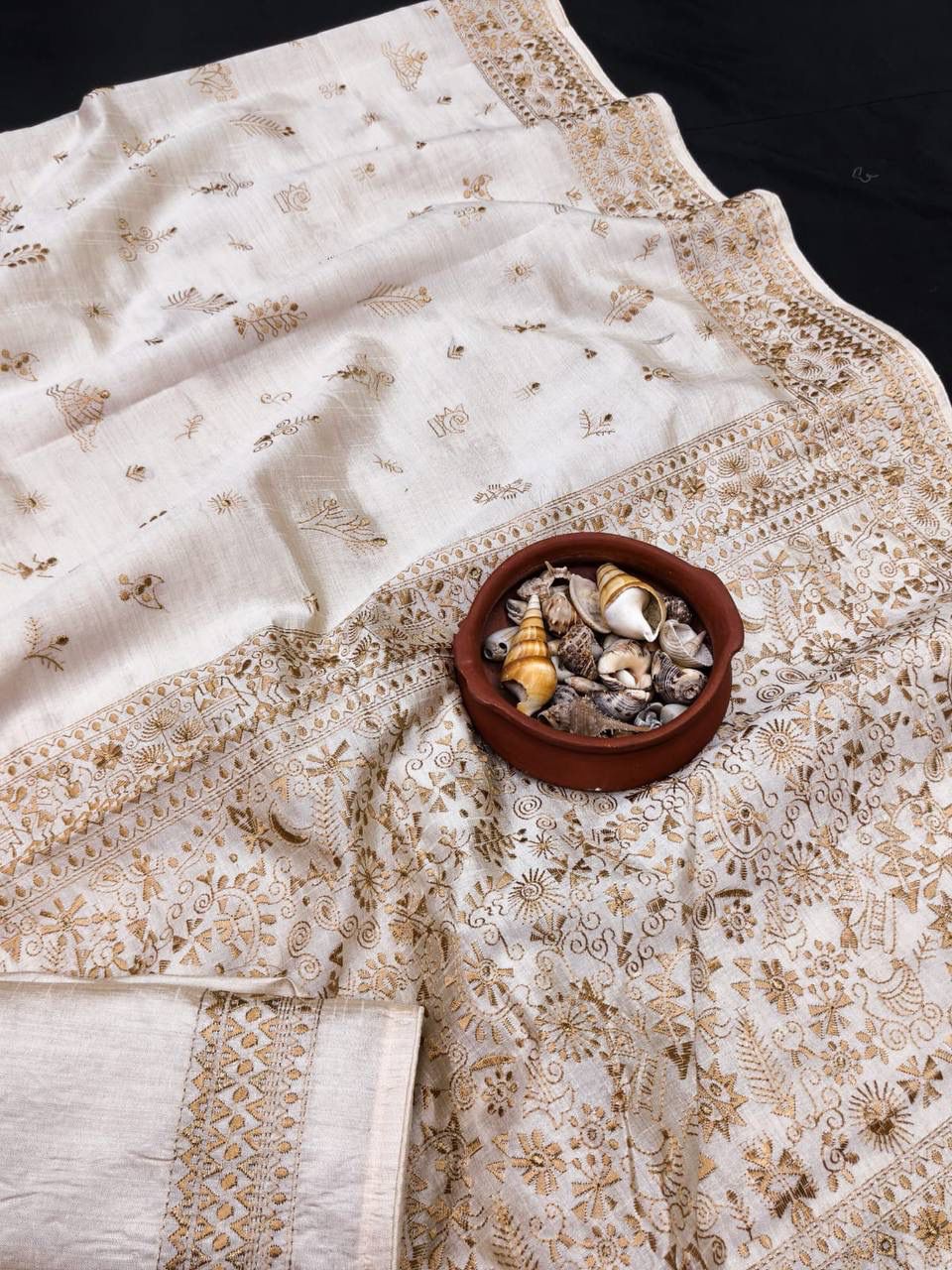 Gratifying Mustard Embroidery Work Tussar Silk Saree With Quintessential Blouse Piece