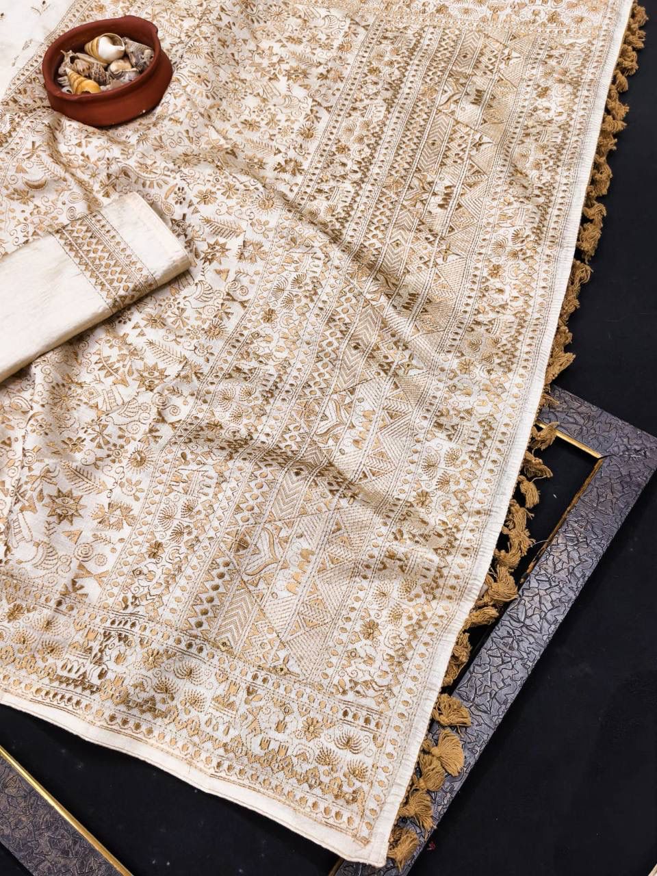 Gratifying Mustard Embroidery Work Tussar Silk Saree With Quintessential Blouse Piece