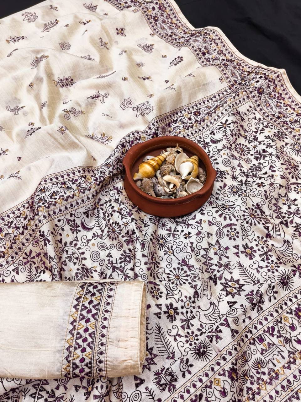 Evanescent Purple Embroidery Work Tussar Silk Saree With Traditional Blouse Piece