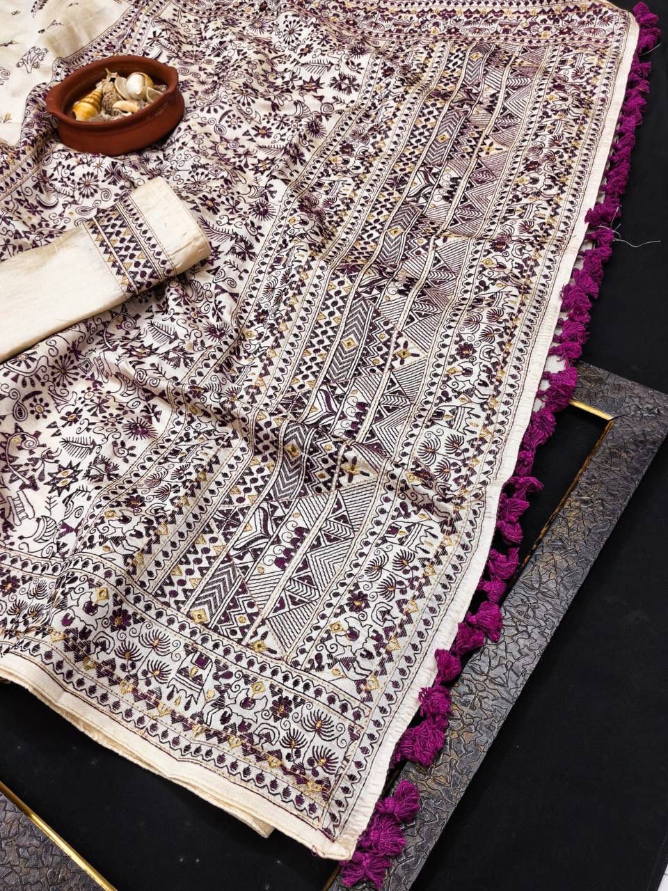 Evanescent Purple Embroidery Work Tussar Silk Saree With Traditional Blouse Piece