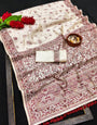 Twirling Red Embroidery Work Tussar Silk Saree With Radiant Blouse Piece