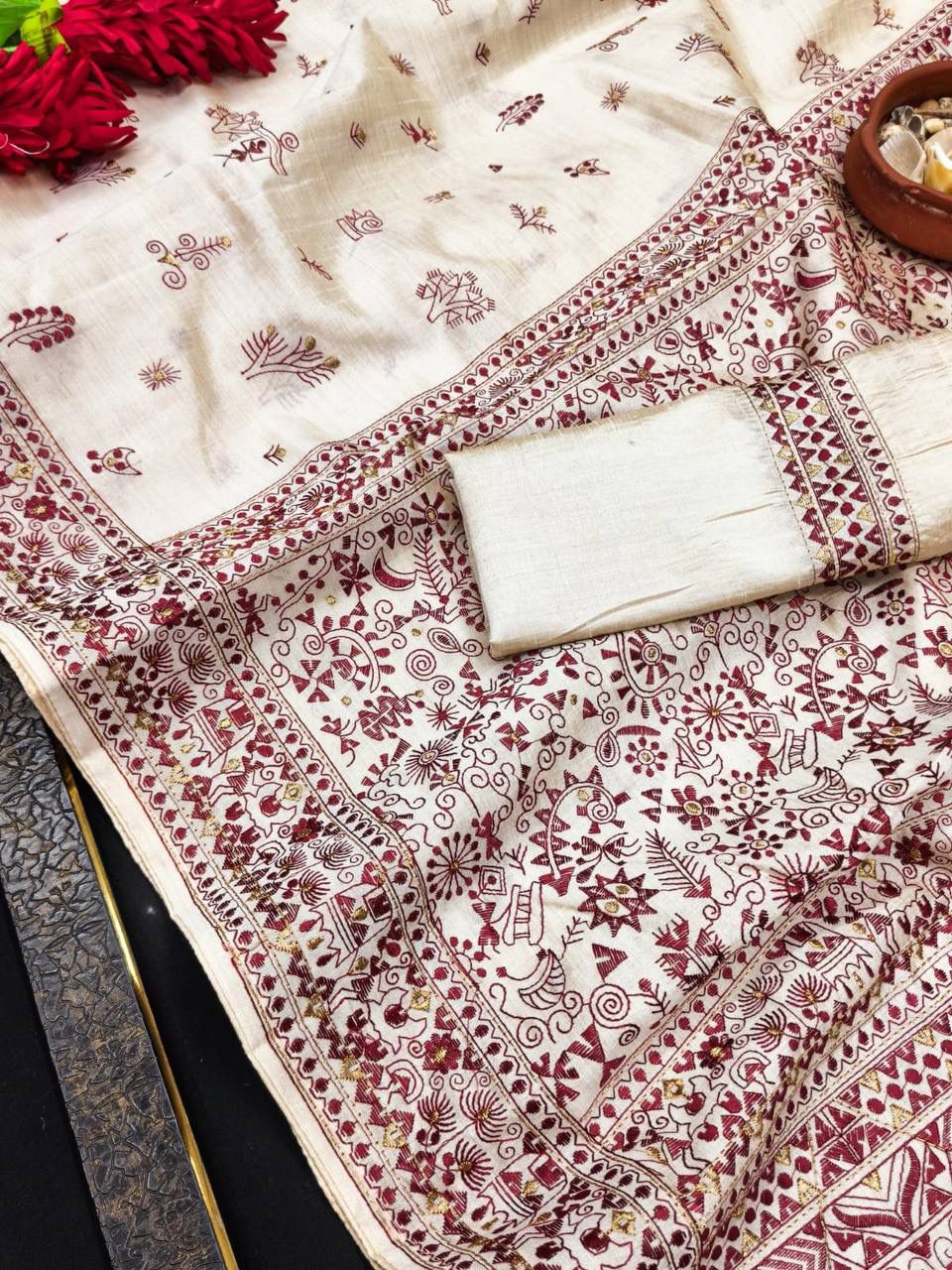 Twirling Red Embroidery Work Tussar Silk Saree With Radiant Blouse Piece