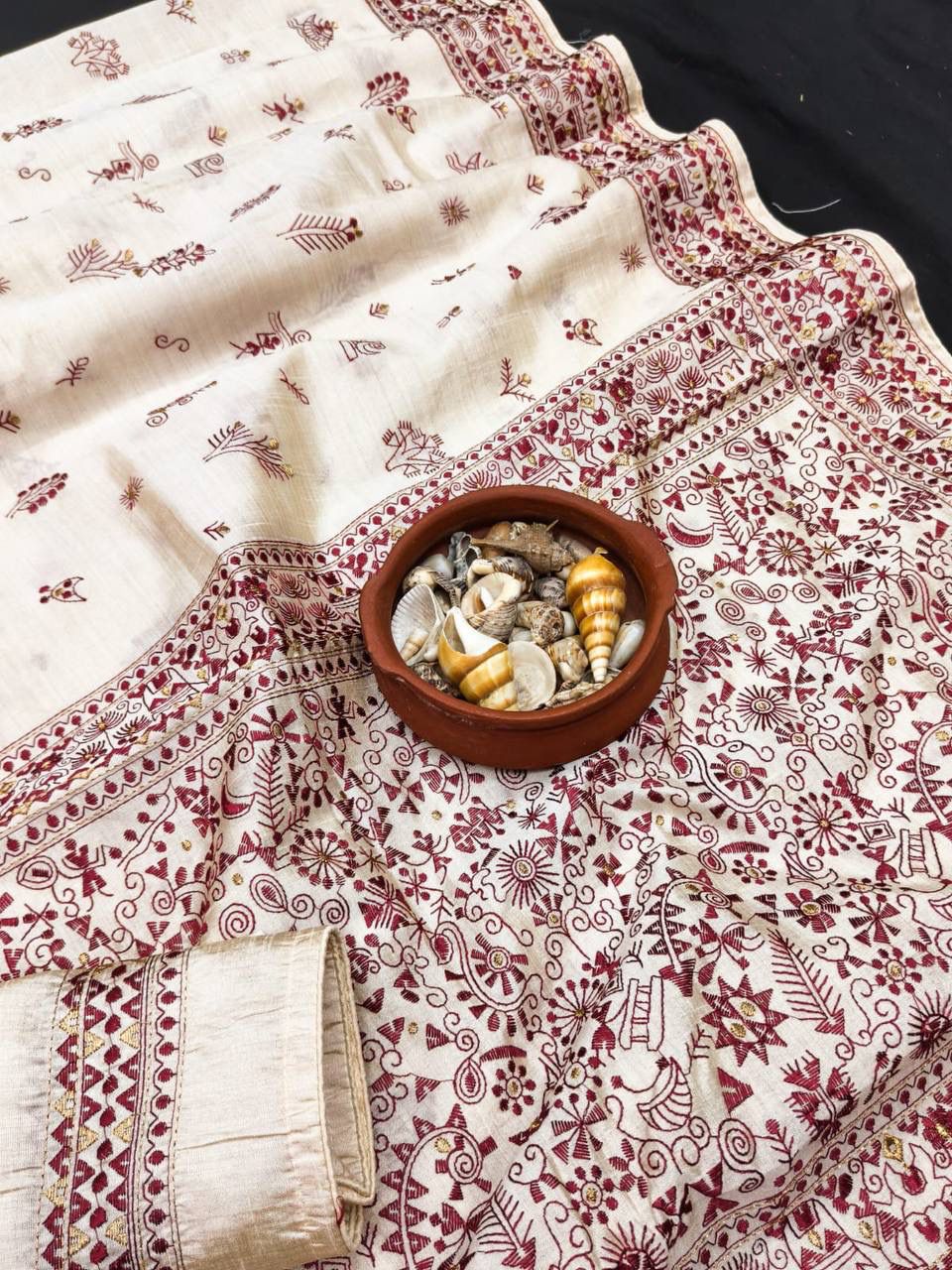 Twirling Red Embroidery Work Tussar Silk Saree With Radiant Blouse Piece