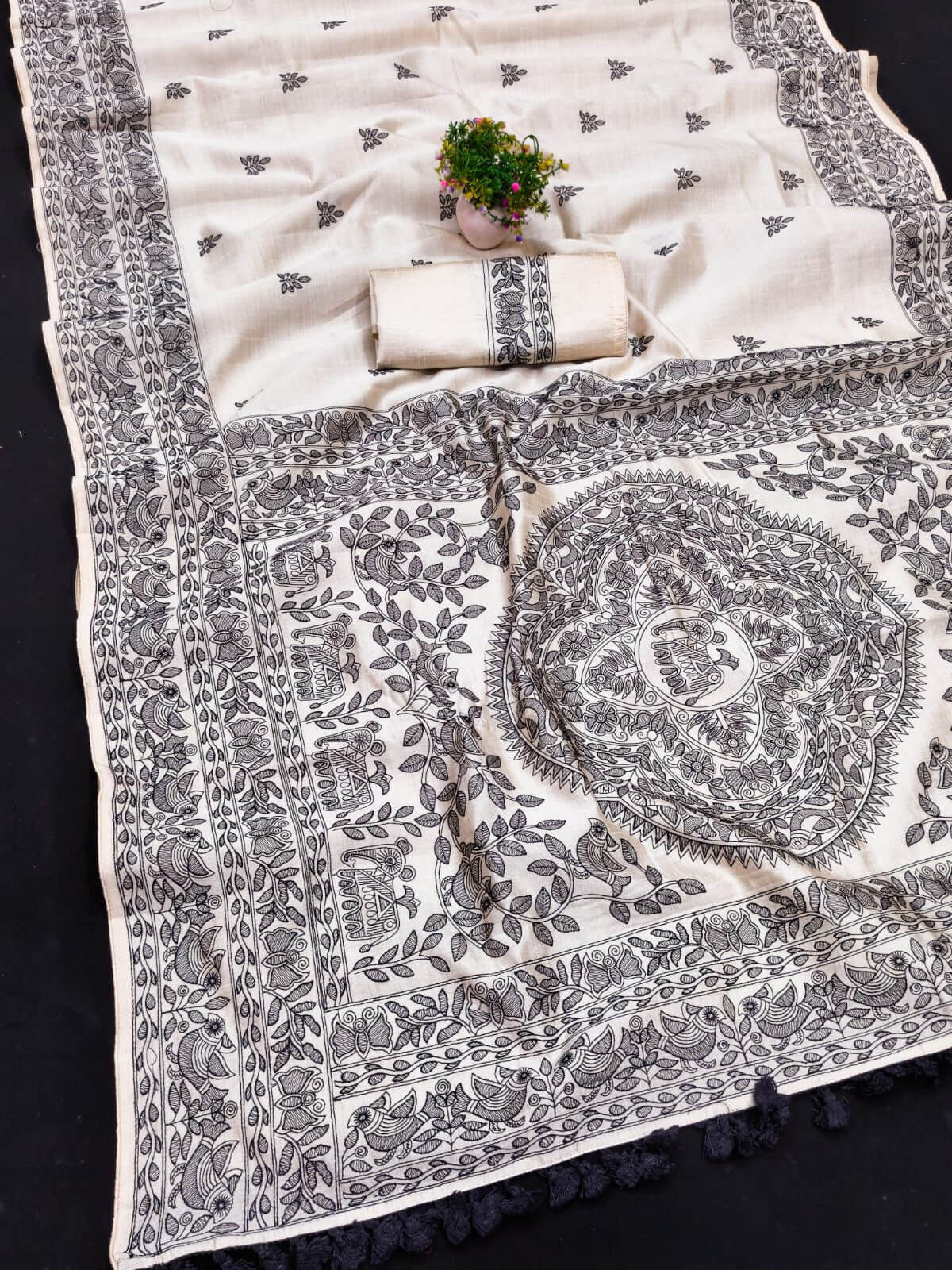 Gossamer Black Embroidery Work Tussar Silk Saree With Diaphanous Blouse Piece