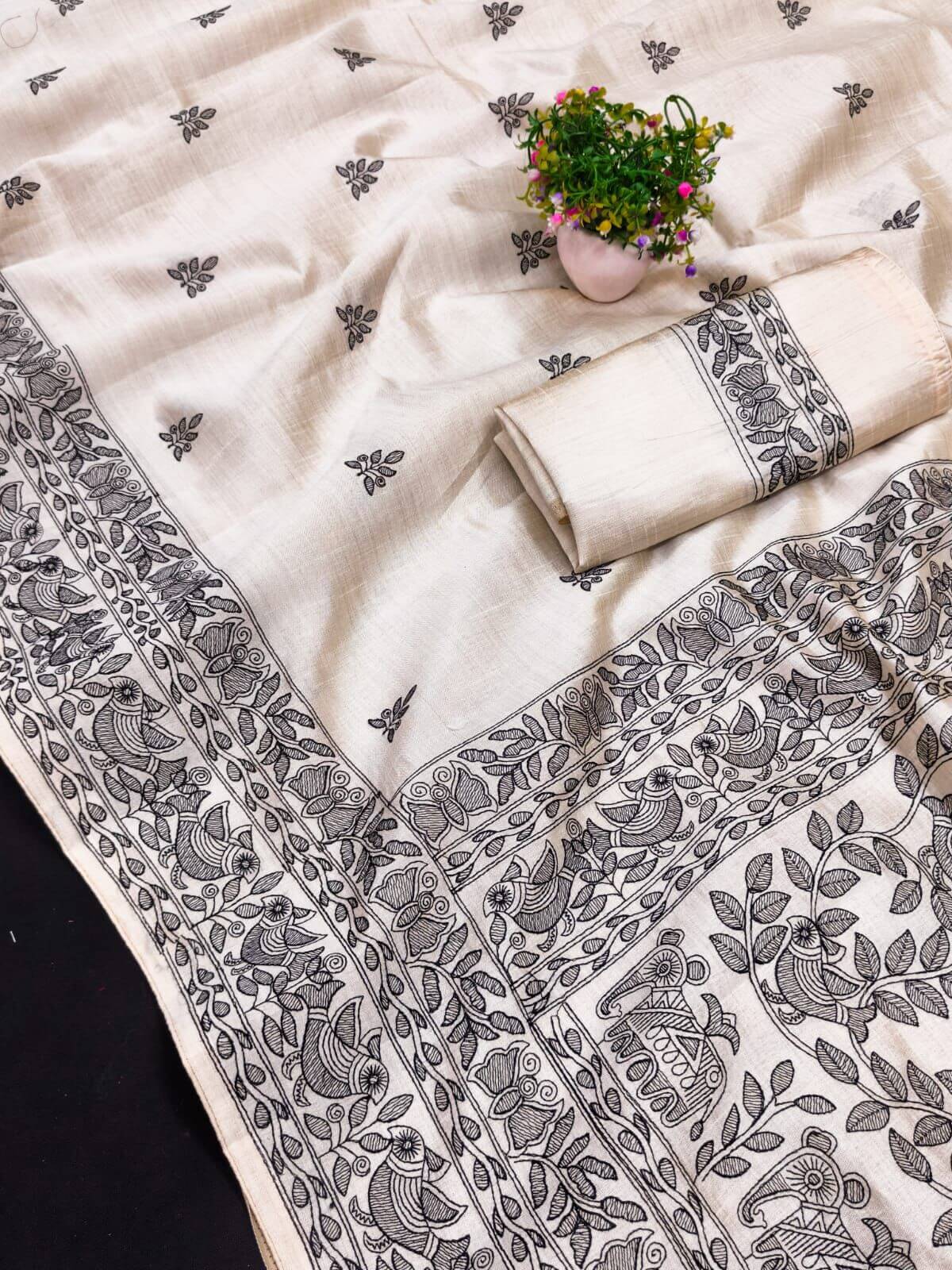 Gossamer Black Embroidery Work Tussar Silk Saree With Diaphanous Blouse Piece