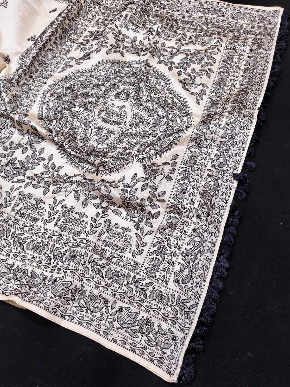 Gossamer Black Embroidery Work Tussar Silk Saree With Diaphanous Blouse Piece