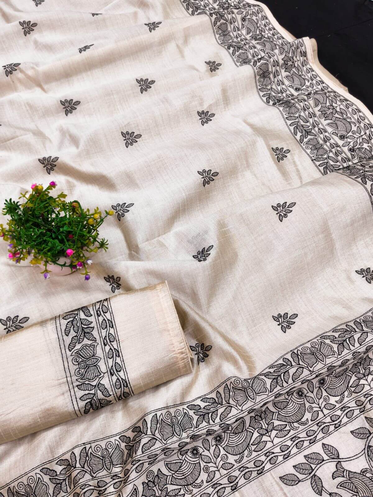 Gossamer Black Embroidery Work Tussar Silk Saree With Diaphanous Blouse Piece