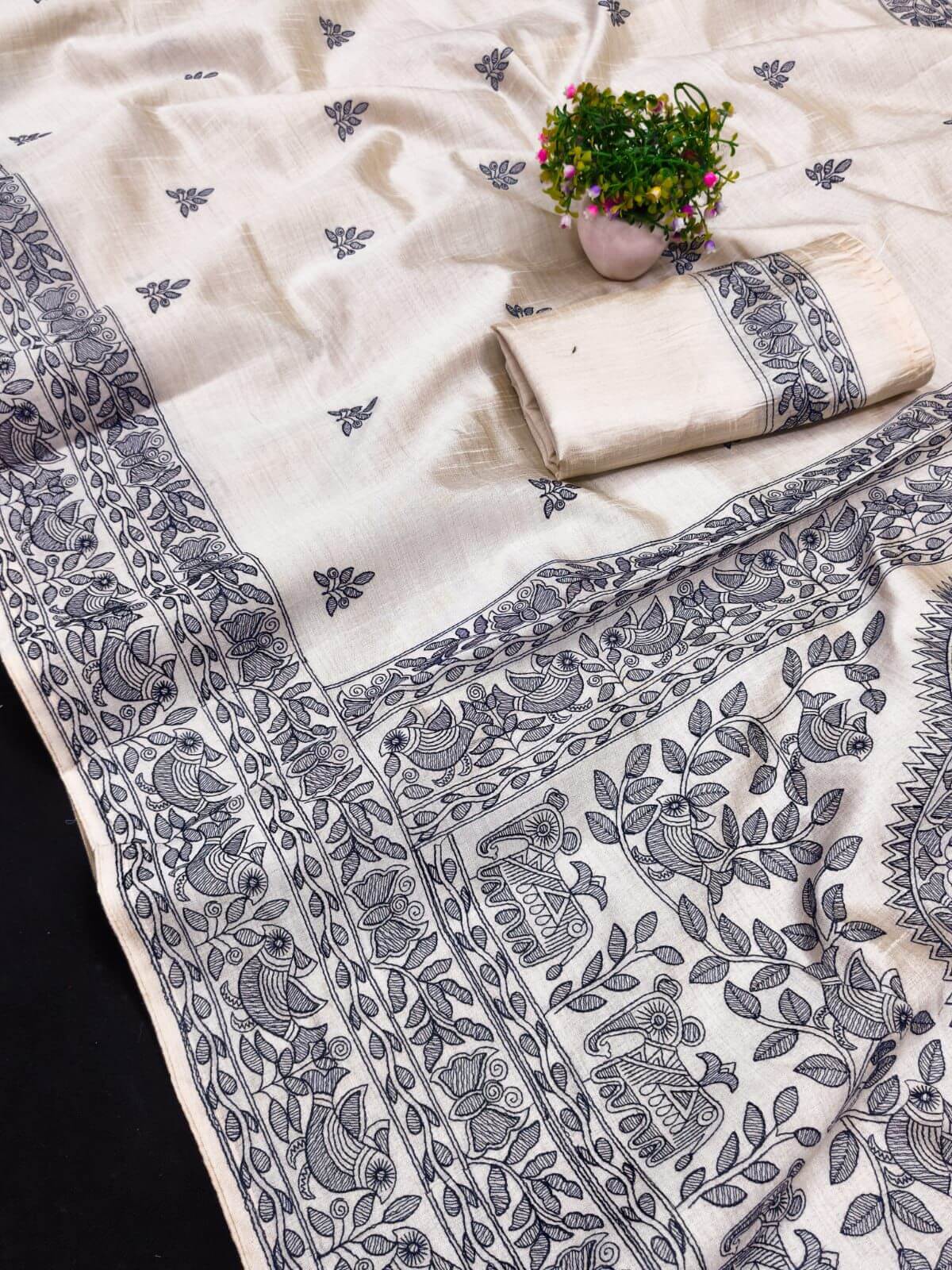 Scintilla Blue Embroidery Work Tussar Silk Saree With Bucolic Blouse Piece