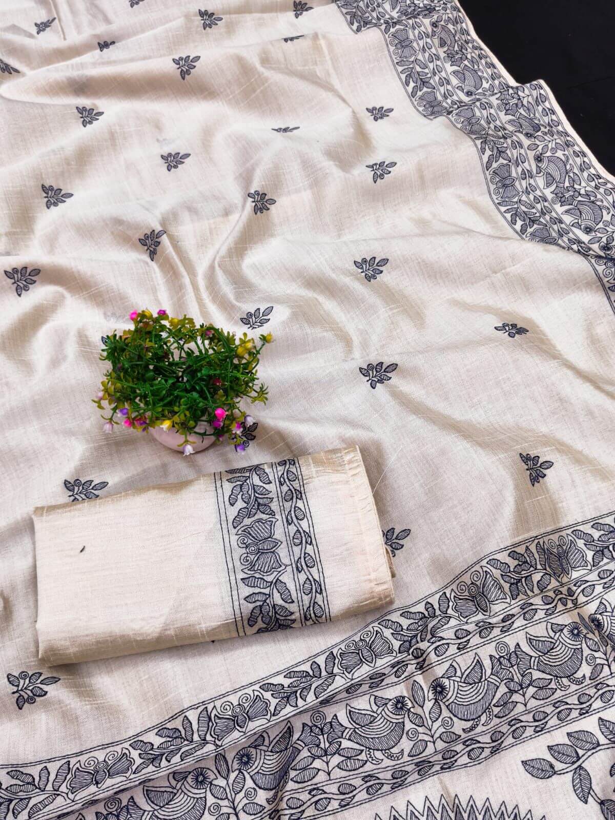 Scintilla Blue Embroidery Work Tussar Silk Saree With Bucolic Blouse Piece