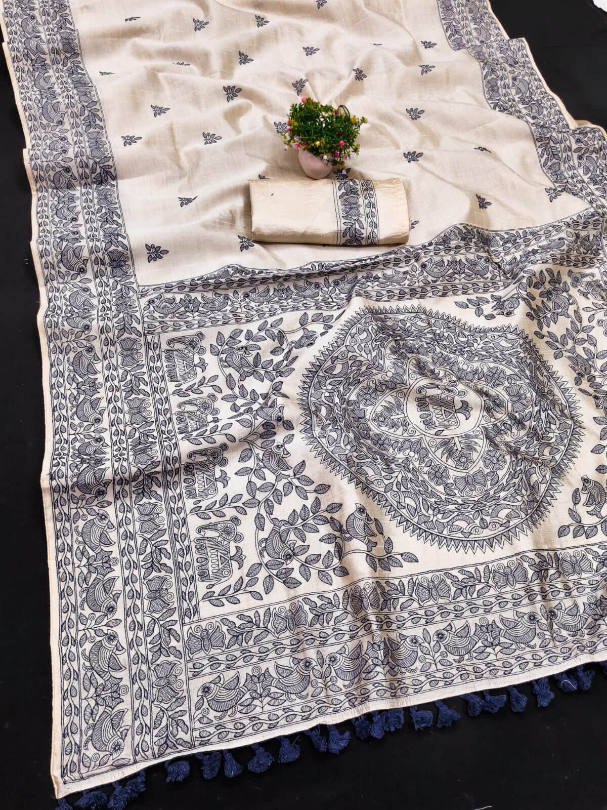 Scintilla Blue Embroidery Work Tussar Silk Saree With Bucolic Blouse Piece