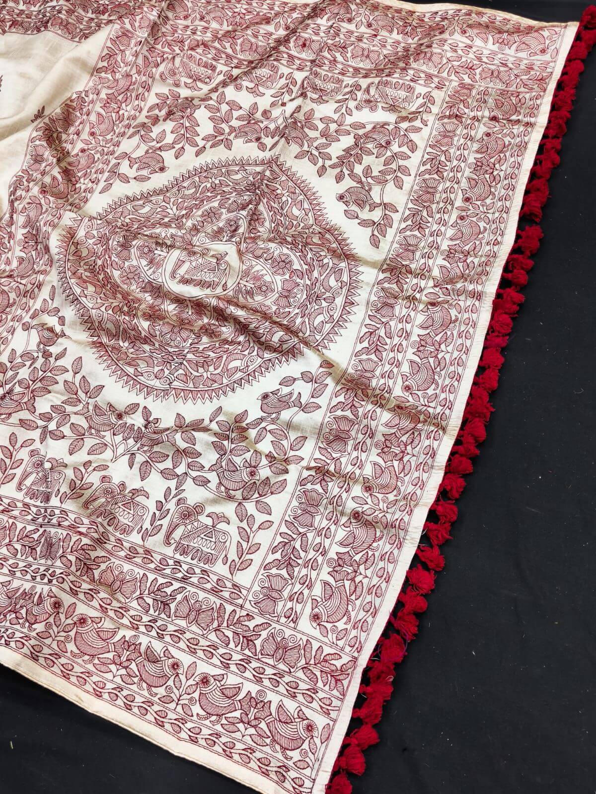 Fancifull Red Embroidery Work Tussar Silk Saree With Engrossing Blouse Piece