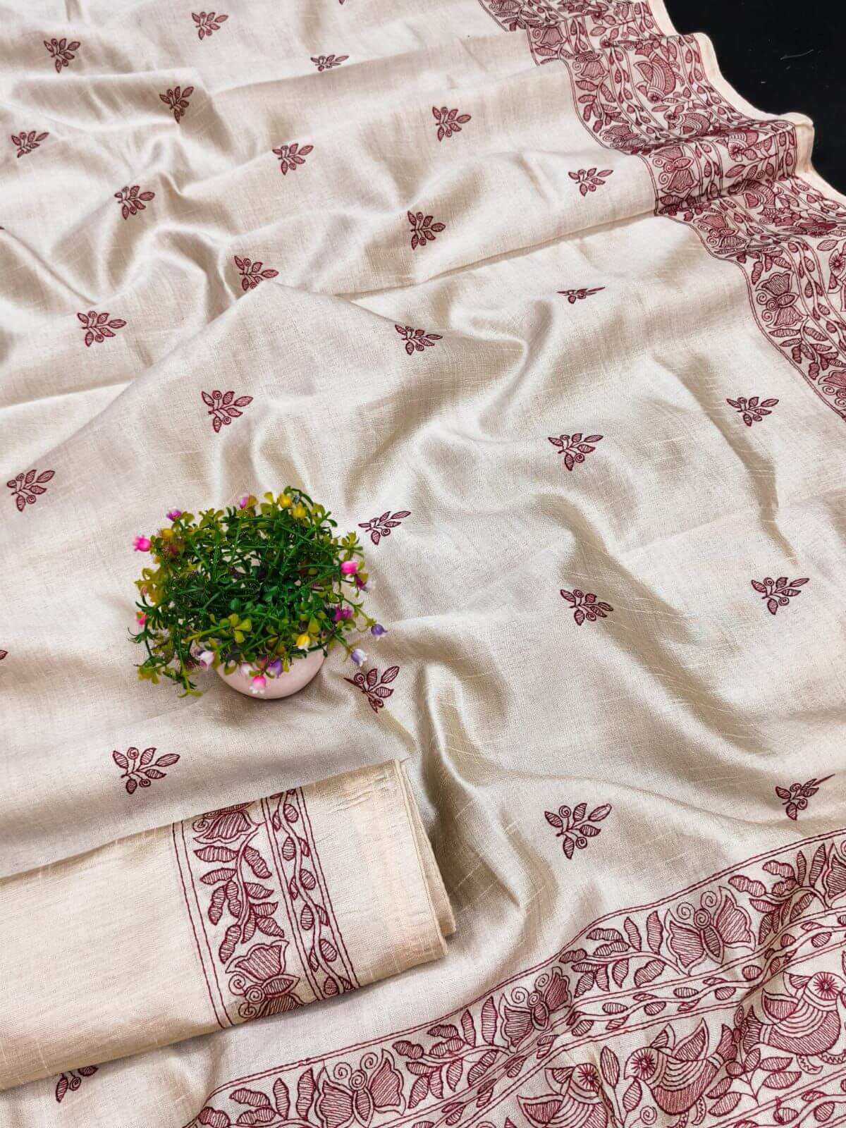 Fancifull Red Embroidery Work Tussar Silk Saree With Engrossing Blouse Piece