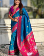 Outstanding Blue Banarasi Pichwai Silk Saree With Pleasurable Blouse Piece