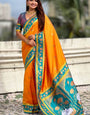 Groovy Orange Banarasi Pichwai Silk Saree With Epiphany Blouse Piece