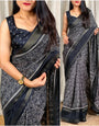 Impressive Black Digital Printed Dola Silk Saree With Easy on the eyes Blouse Piece