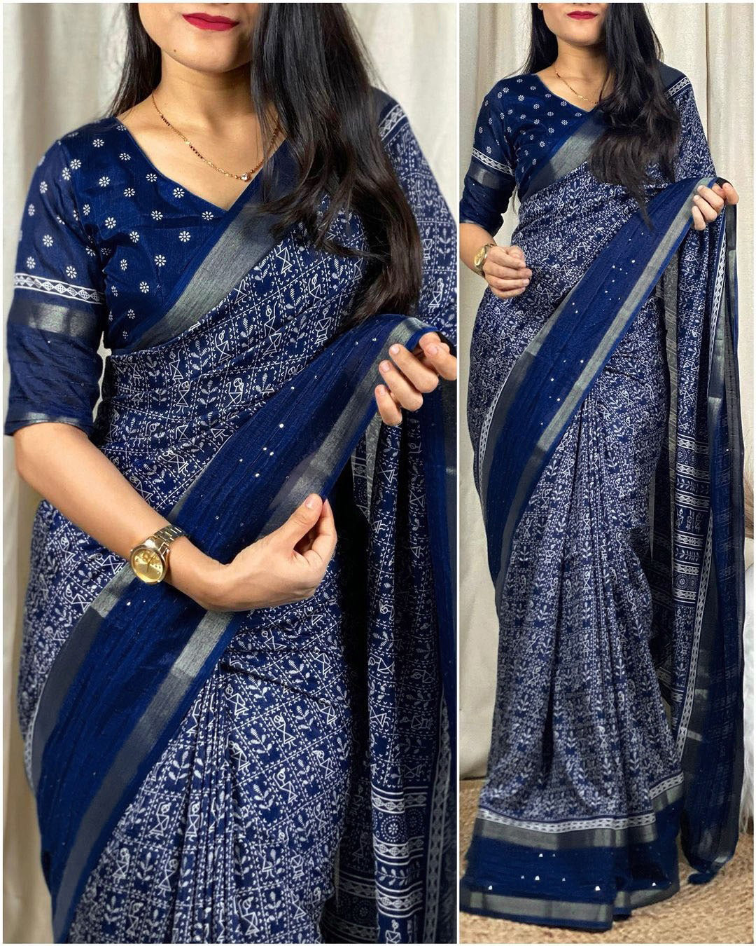 Intricate Blue Digital Printed Dola Silk Saree With Magnificat Blouse Piece