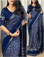 Intricate Blue Digital Printed Dola Silk Saree With Magnificat Blouse Piece