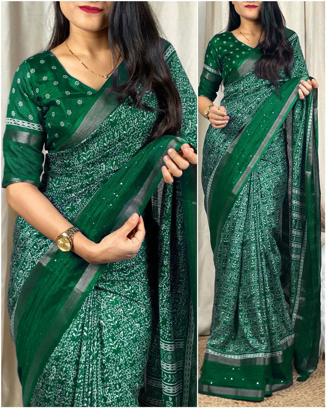 Blissful Dark Green Digital Printed Dola Silk Saree With Charismatic Blouse Piece