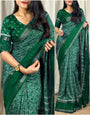 Blissful Dark Green Digital Printed Dola Silk Saree With Charismatic Blouse Piece