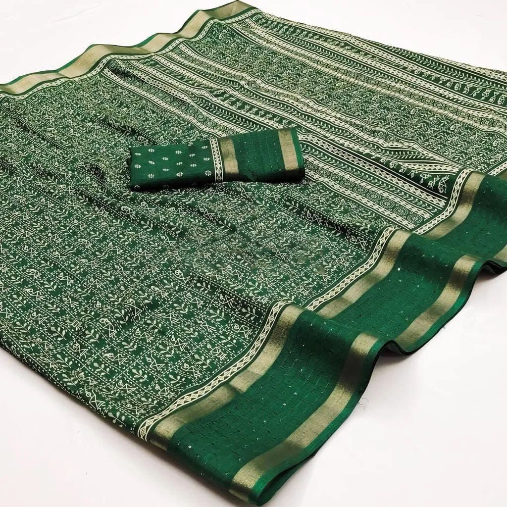 Blissful Dark Green Digital Printed Dola Silk Saree With Charismatic Blouse Piece