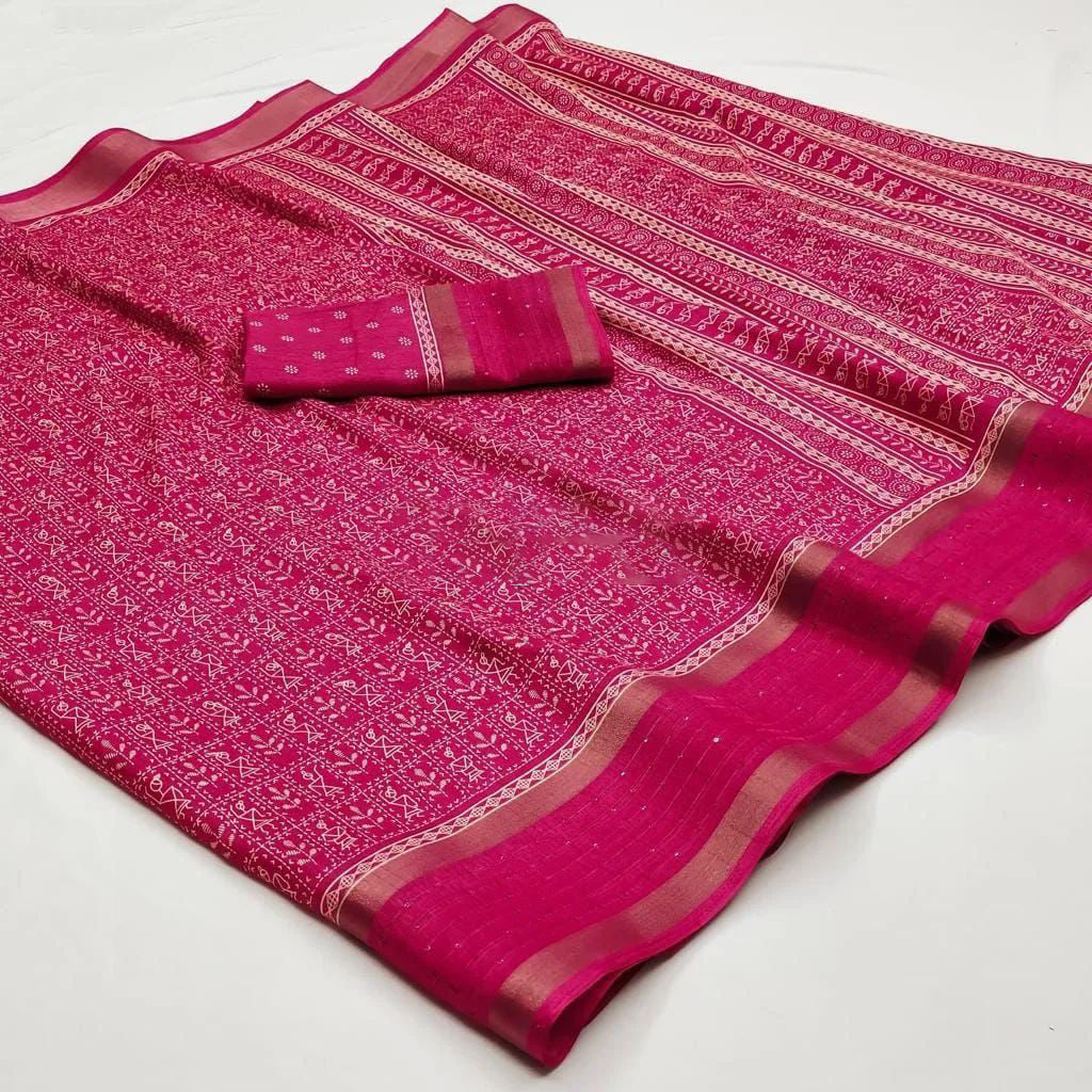 Prominent Dark Pink Digital Printed Dola Silk Saree With Piquant Blouse Piece