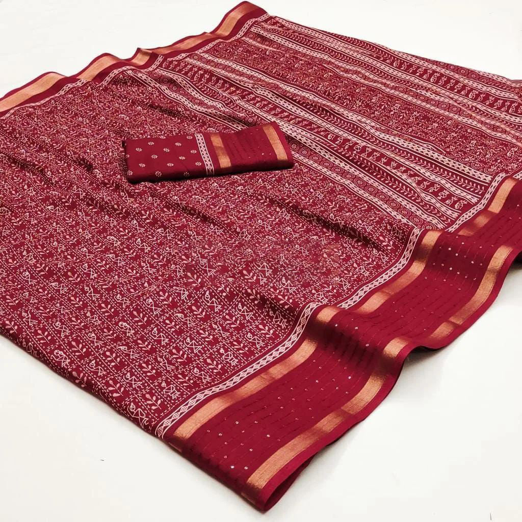 Demanding Maroon Digital Printed Dola Silk Saree With Splendorous Blouse Piece