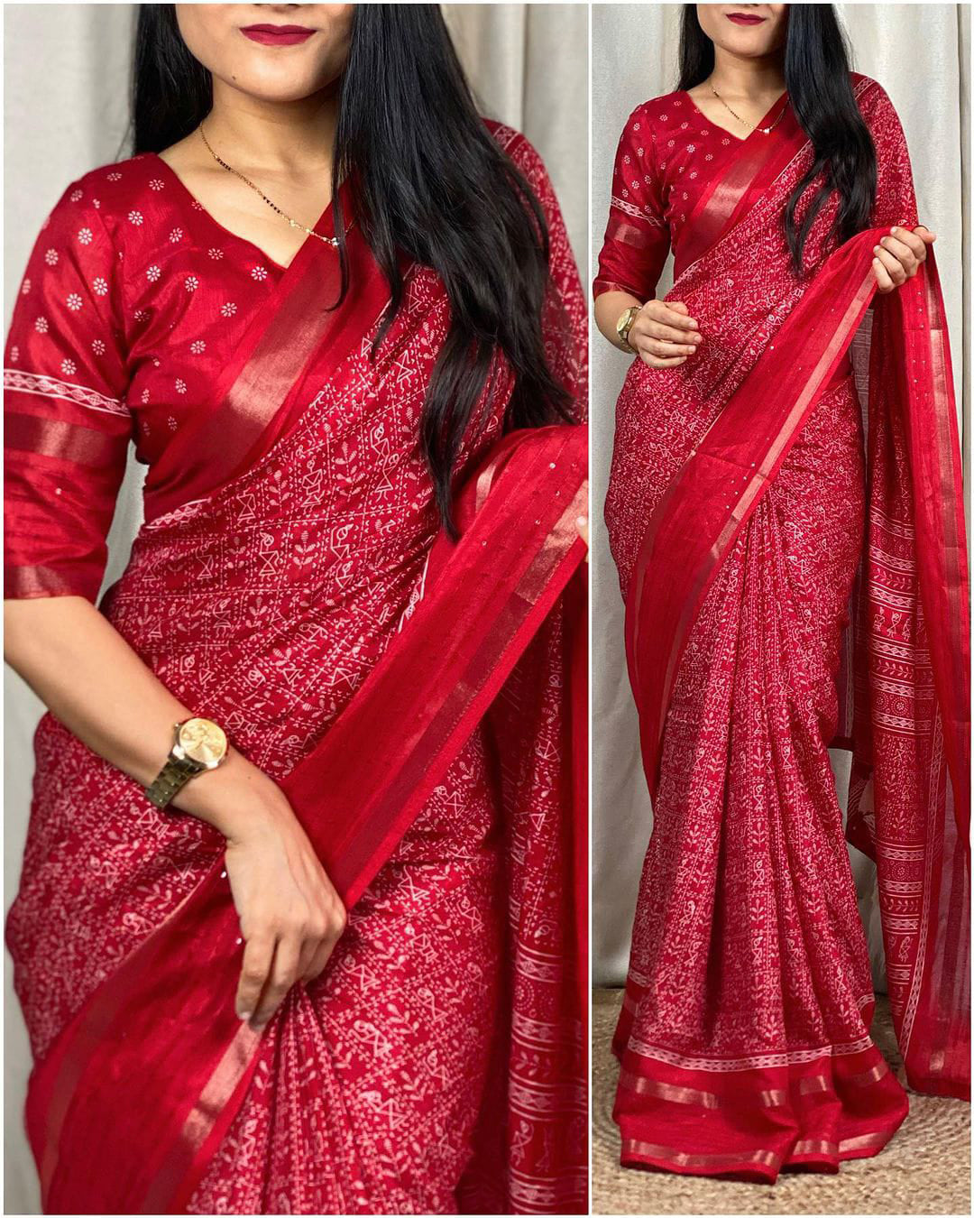 Beautiful Red Digital Printed Dola Silk Saree With Imaginative Blouse Piece