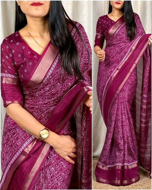 Eye-catching Wine Digital Printed Dola Silk Saree With Tempting Blouse Piece