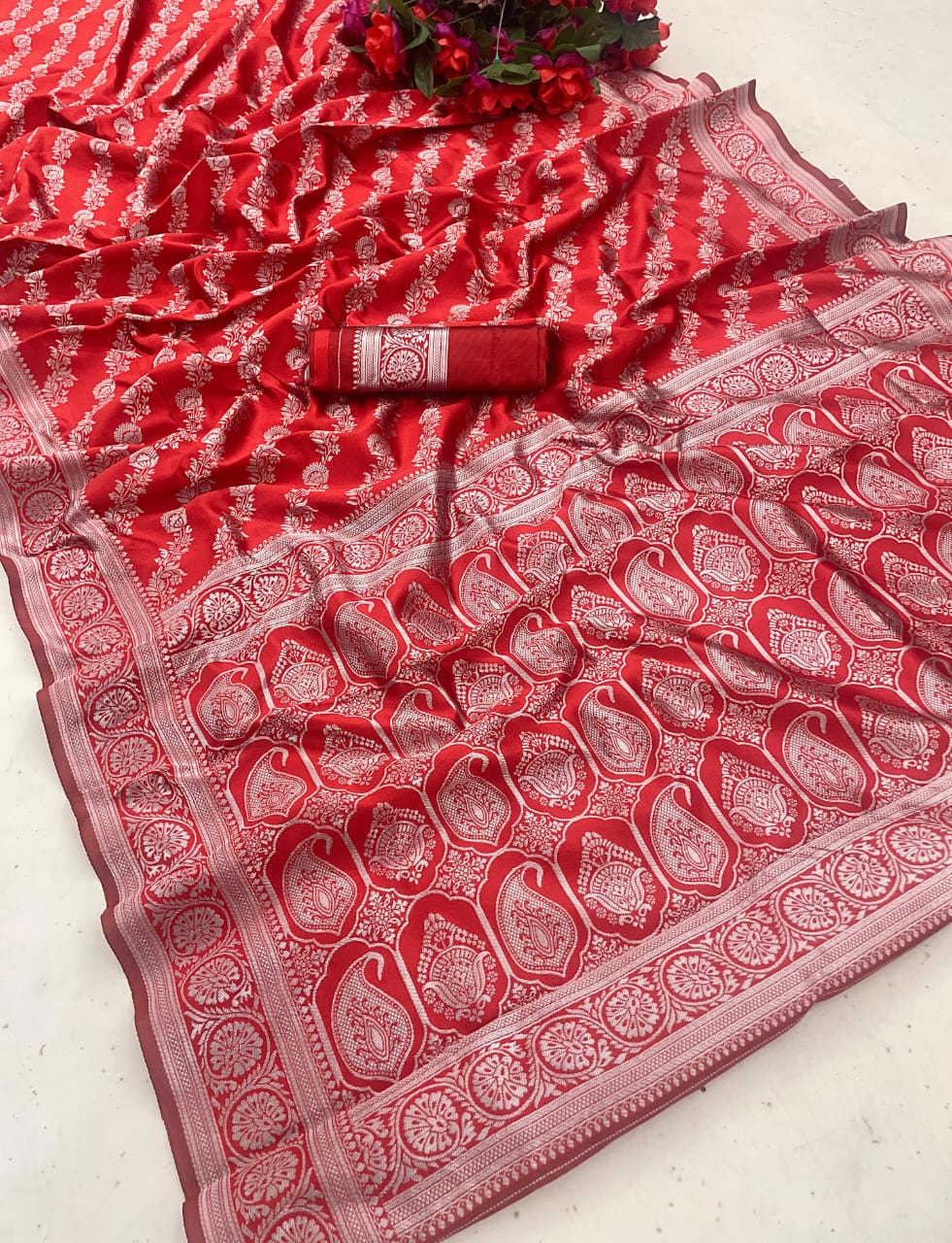 Petrichor Red Soft Silk Saree With Ebullience Blouse Piece