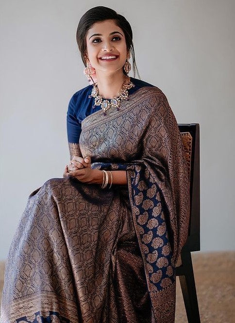 Quintessential Navy Blue Soft Silk Saree With Enthralling Blouse Piece