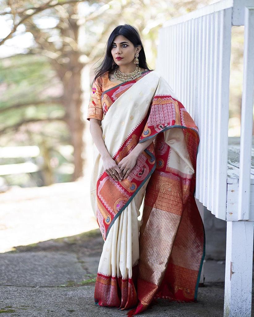 Glorious Off White Soft Banarasi Silk Saree With Gorgeous Blouse Piece