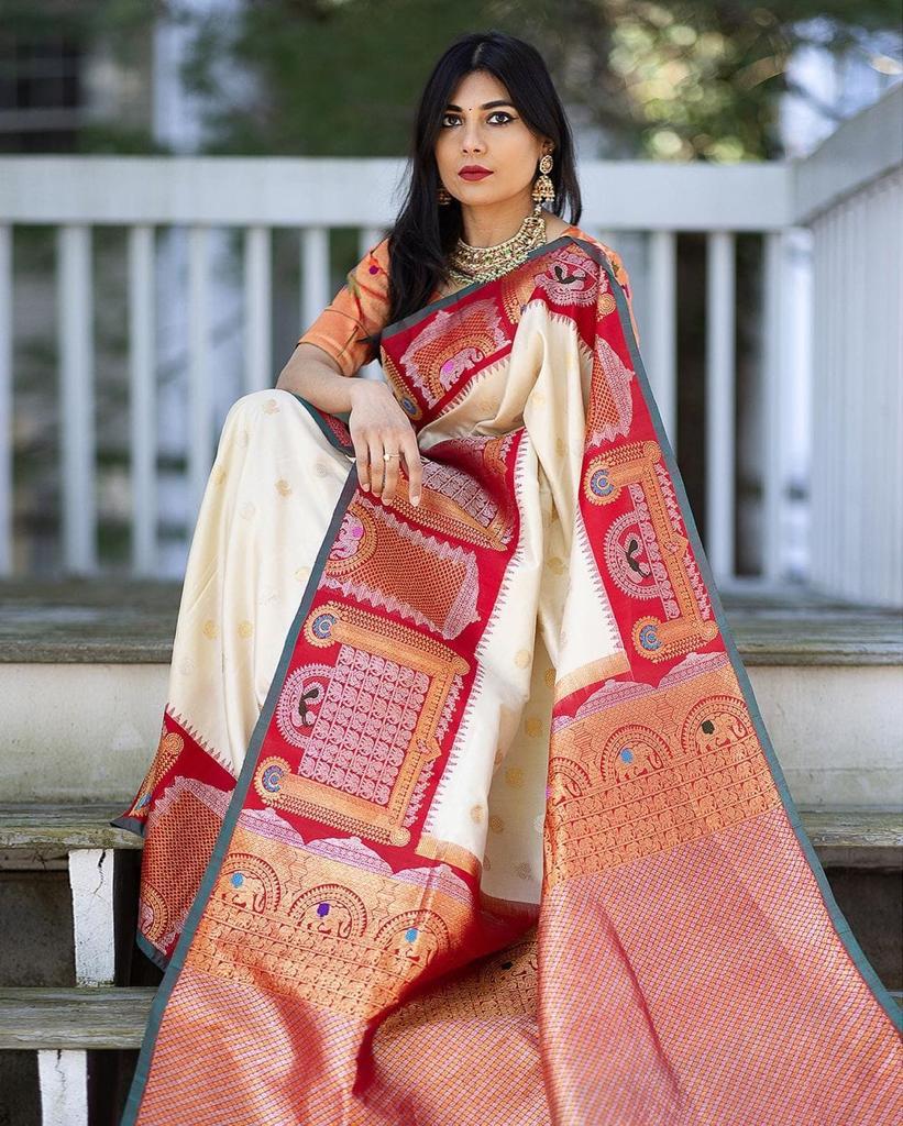 Glorious Off White Soft Banarasi Silk Saree With Gorgeous Blouse Piece
