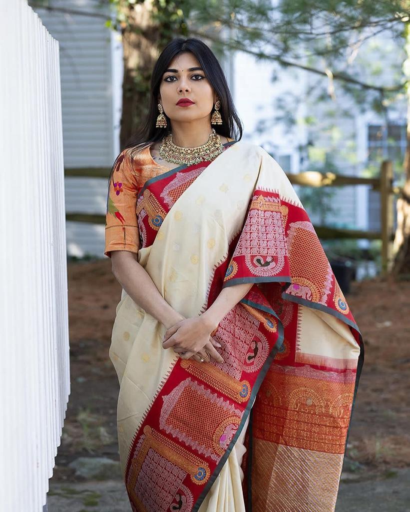 Glorious Off White Soft Banarasi Silk Saree With Gorgeous Blouse Piece