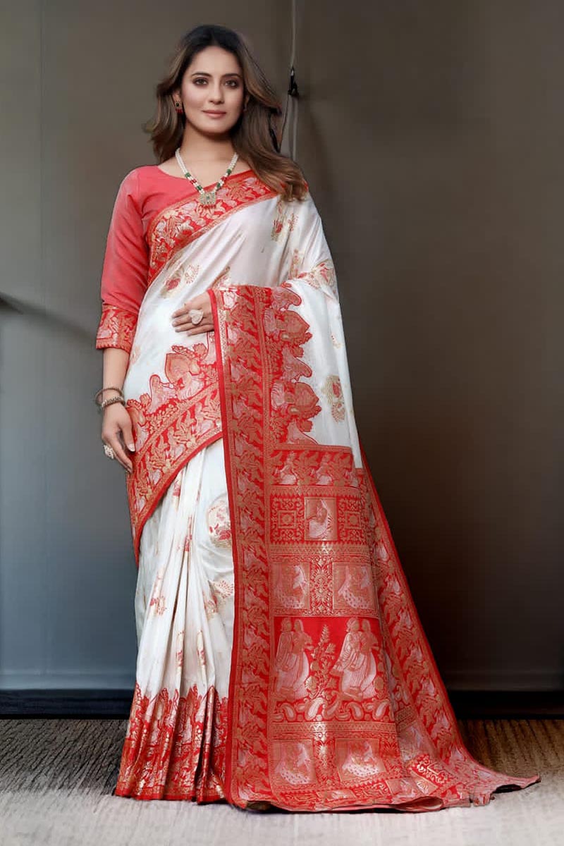 Sumptuous White Soft Banarasi Silk Saree With Staring Blouse Piece