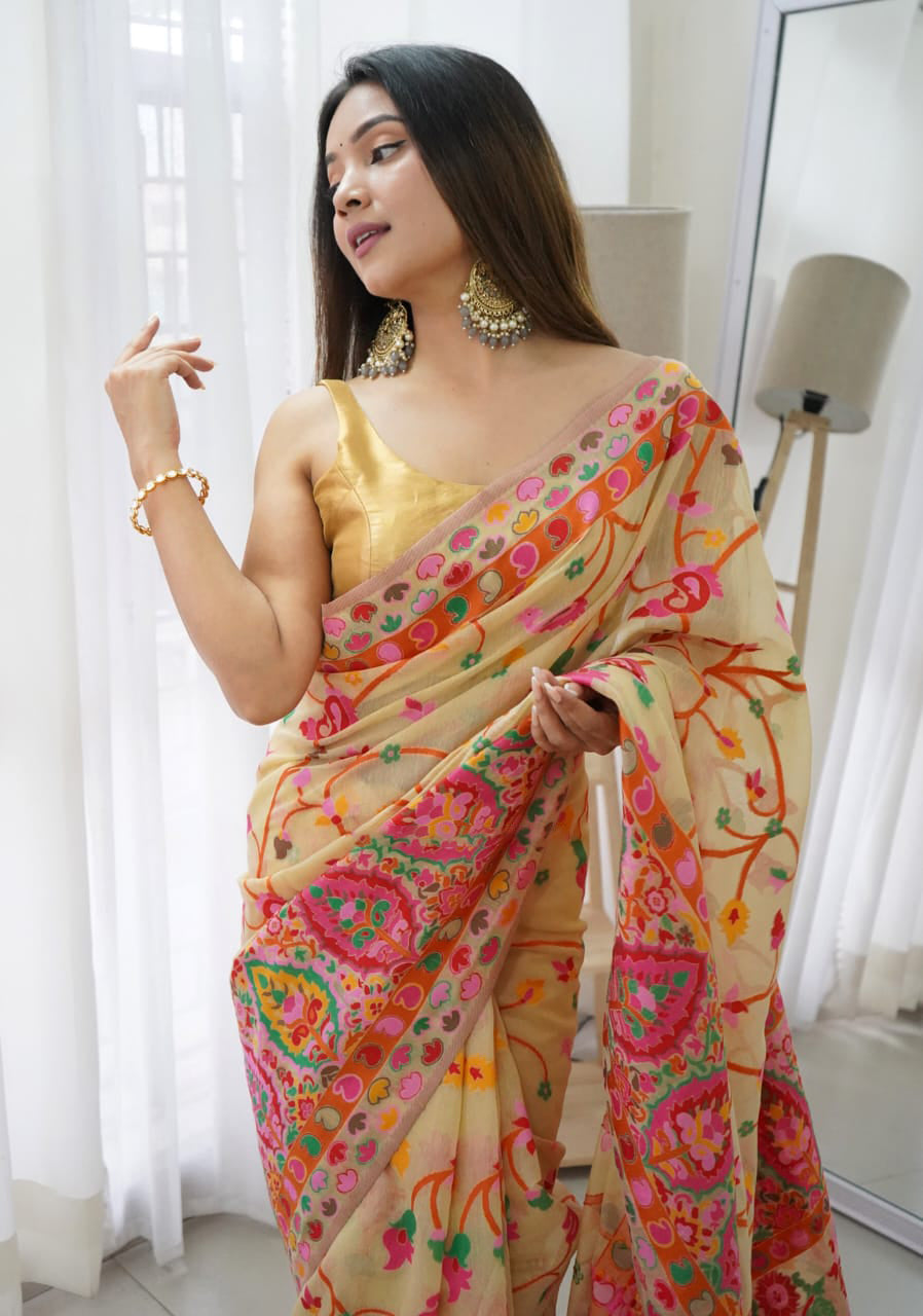 Lissome Beige Pashmina saree With Incomparable Blouse Piece