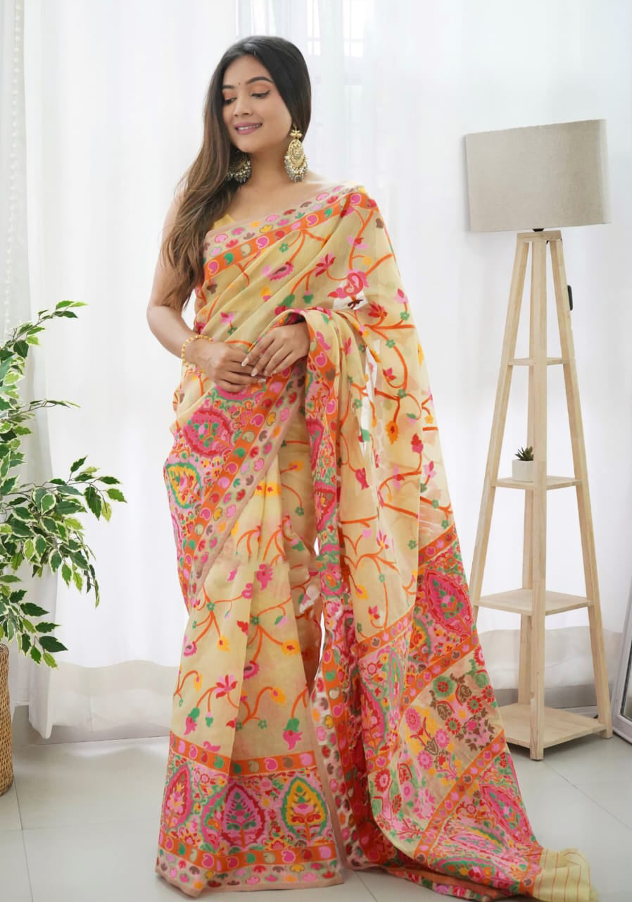 Lissome Beige Pashmina saree With Incomparable Blouse Piece