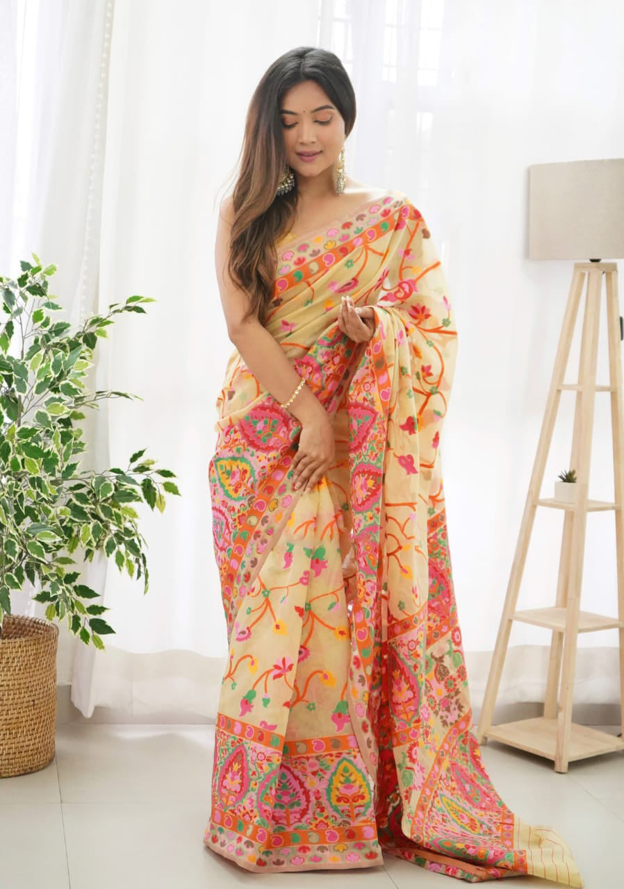 Lissome Beige Pashmina saree With Incomparable Blouse Piece