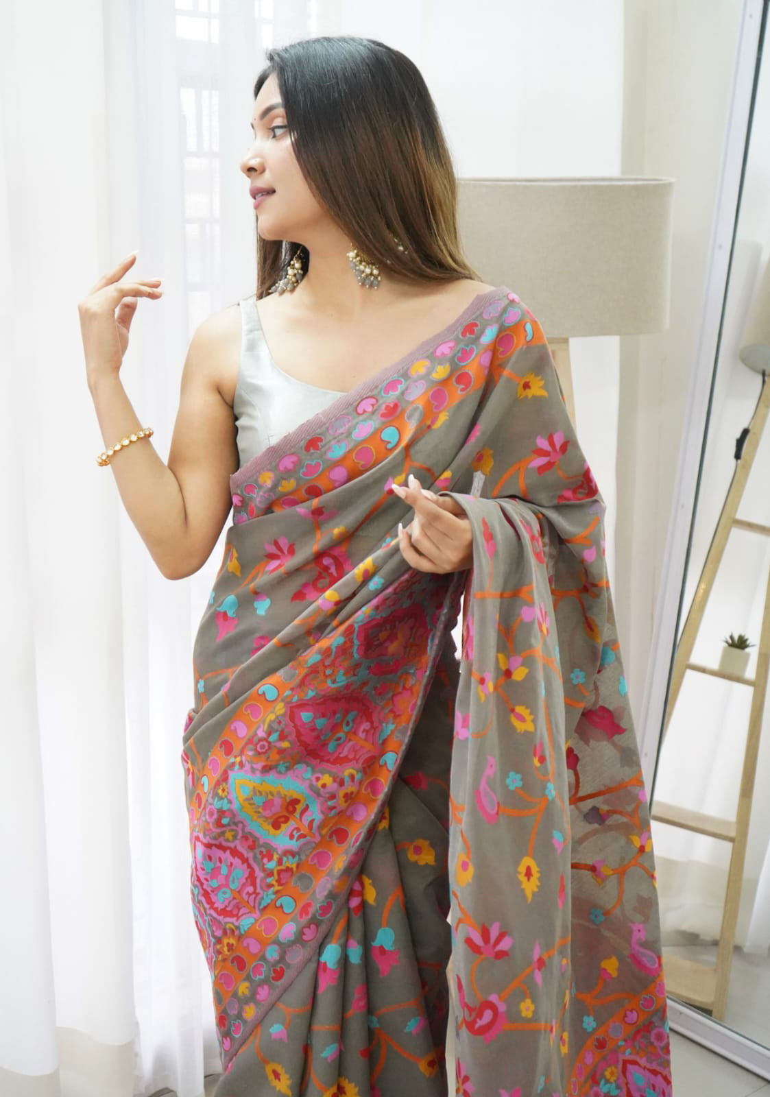 Fugacious Grey Pashmina saree With Supernal Blouse Piece