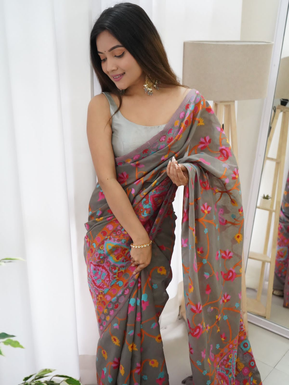 Fugacious Grey Pashmina saree With Supernal Blouse Piece