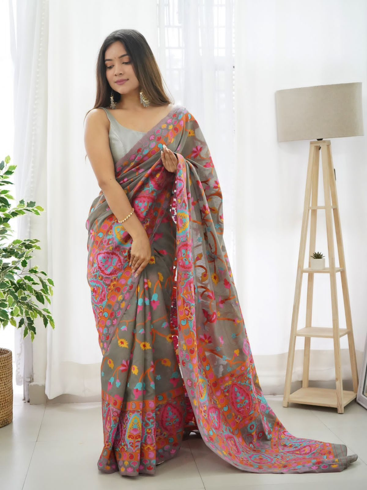 Fugacious Grey Pashmina saree With Supernal Blouse Piece