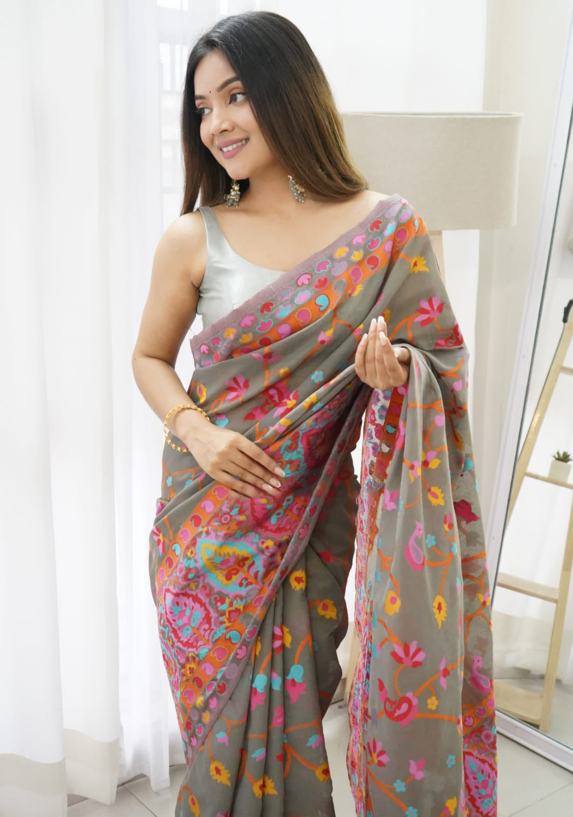 Fugacious Grey Pashmina saree With Supernal Blouse Piece