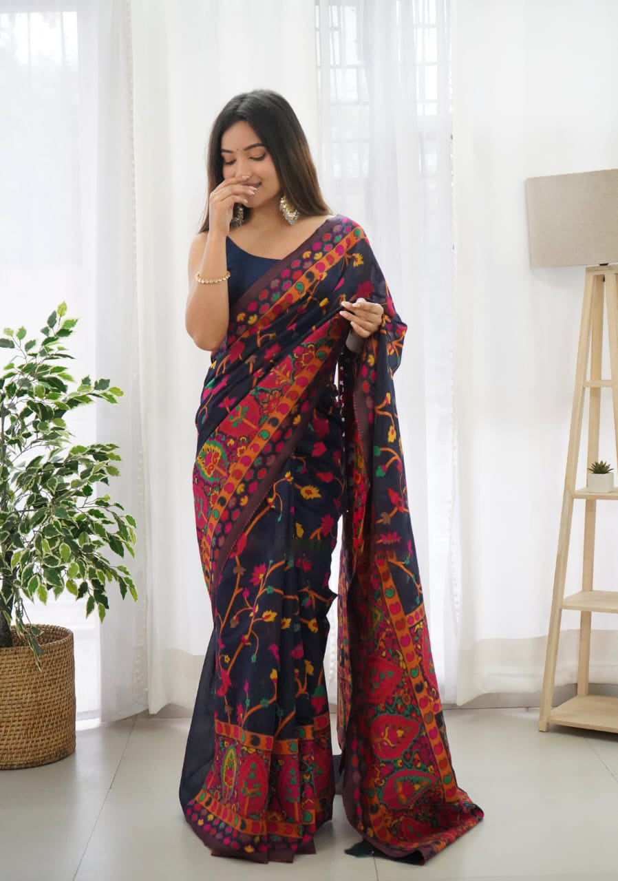 Ephemeral Navy Blue Pashmina saree With Jazzy Blouse Piece