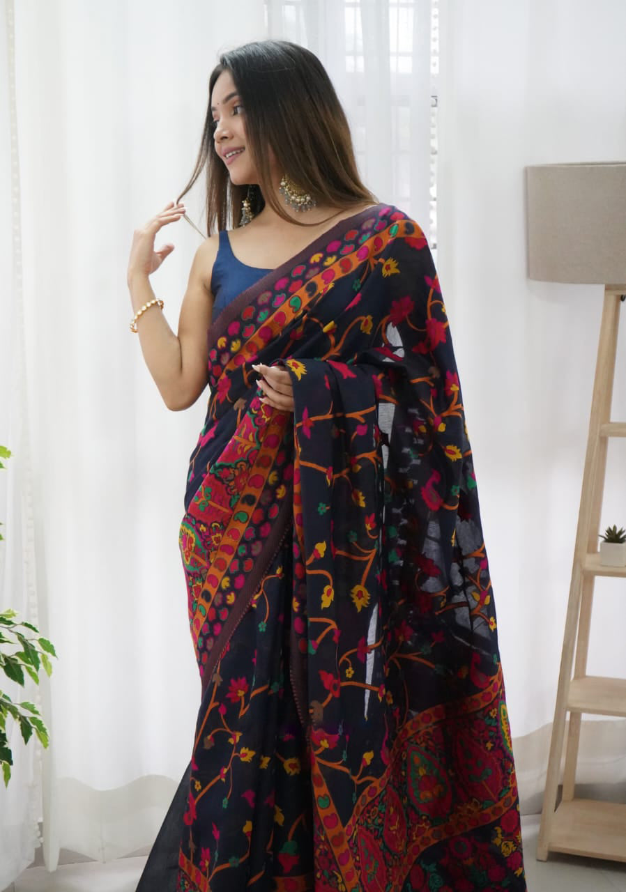 Ephemeral Navy Blue Pashmina saree With Jazzy Blouse Piece