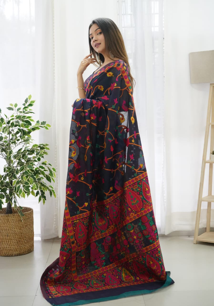 Ephemeral Navy Blue Pashmina saree With Jazzy Blouse Piece